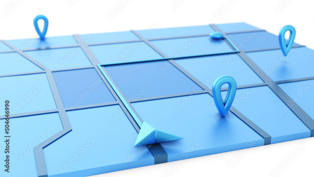 Fototapete minimal style blue gps map navigator. tracking concept. arrow and markers on a map. 3d rendering