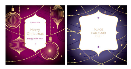 Christmas greeting banner or card. Abstract Christmas geometric decor on a dark background. New Year's design template with a window for text. Vector flat. 