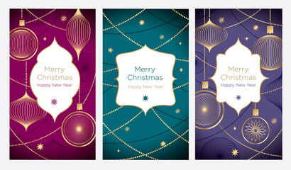 Abstract Christmas greeting banner or card. Gold Christmas decoration on a dark burgundy and purple background. New Year's design template with a window for text. Vector flat. Vertical format - 504646930