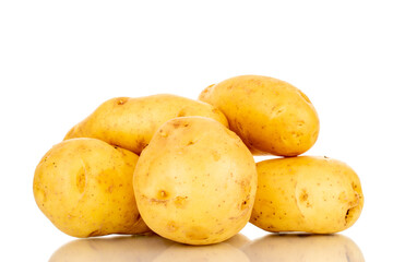 Several raw organic potatoes, close-up, isolated on a white background.