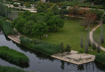 Fototapeta na wymiar Aerial view of the park in the center of the big city. La Marjal park, Alicante. Spain