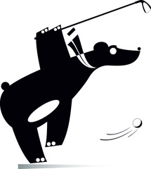 Cartoon bear plays golf. 
Cartoon bear holds a golf club and trying to do a good shot black on white background
