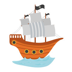 Cartoon wooden pirate ship, with black flags with skull and crossbones.