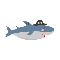 Cartoon cute shark pirate in a hat, with an anchor tattoo on the fin.