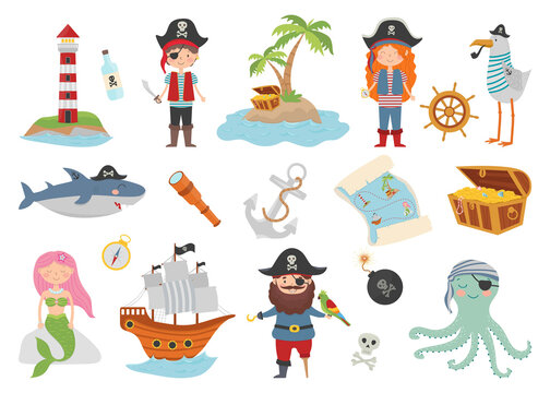 Pirate cartoon character set, flat style. Pirate, treasure island, shark, octopus, seagull, mermaid, ship and lighthouse.