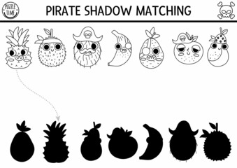 Black and white pirate shadow matching activity. Treasure island hunt line puzzle with cute fruit pirates. Find correct silhouette printable worksheet. Sea adventures coloring page for kids.