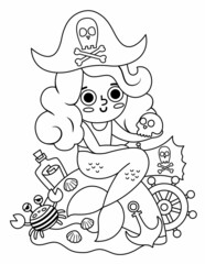 Black and white fairy tale vector pirate mermaid sitting on a rock. Line fantasy girl with sea raider accessories isolated on white background. Treasure island icon or coloring page.