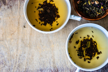 Cups of tea on vintage table