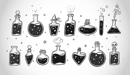 Doodles with pharmaceutical flasks, beakers and test tubes. Sketches of chemical laboratory objects with magic potion on white background. Vector illustration.