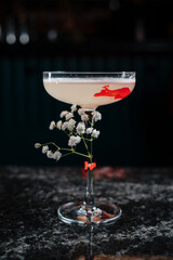 Alcoholic cocktail garnished with flower. Bar menu concept.