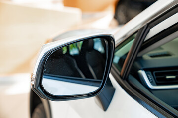 the side mirror on the white car. official dealerships and auto shops.