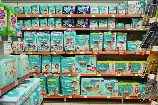 Pampers brand diapers sold in a supermarket. Minsk, Belarus - may 2022  Stock Photo | Adobe Stock