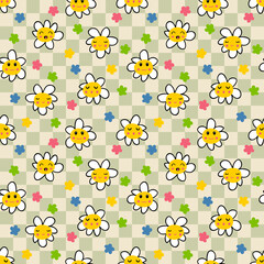 Retro style checkerboard naive daisy seamless pattern. Cute chamomile characters print for nursery and baby fashion. Simple floral illustration for fabric, paper, stationery.