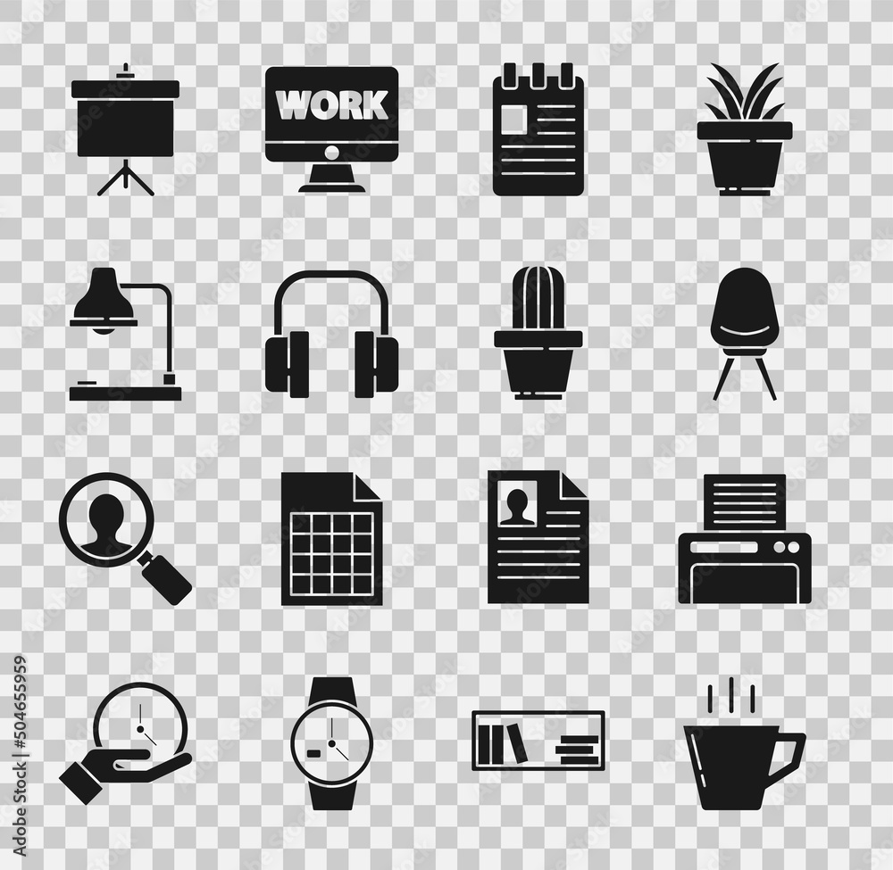 Poster Set Coffee cup, Printer, Office chair, Spiral notebook, Headphones, Table lamp, Chalkboard with diagram and Cactus and succulent pot icon. Vector