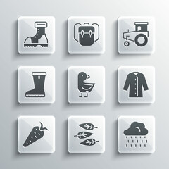 Set Leaf or leaves, Cloud with rain, Raincoat, Little chick, Carrot, Waterproof rubber boot, and Tractor icon. Vector