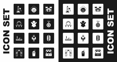 Set Castle, Ghost, Roller coaster, Striker attraction with hammer, Unicycle or one wheel bicycle, Clown head, Hotdog sandwich and Bumper car icon. Vector © Kostiantyn