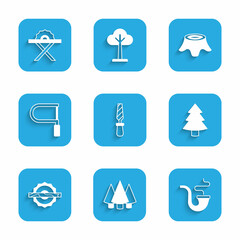 Set Rasp metal file, Christmas tree, Smoking pipe, Electric circular saw, Hacksaw, Tree stump and icon. Vector