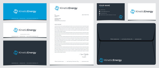 Technology kinetic rotation logo with stationery, business card and social media banner designs