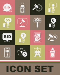 Set Auction auctioneer sells, hammer price, Hand holding paddle, Bid and icon. Vector