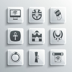 Set Papyrus scroll, Eye of Horus on papyrus, Egyptian necklace, house, Magic symbol Ouroboros, Cross ankh, monitor and Nefertiti icon. Vector