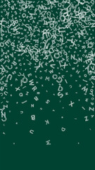 Falling letters of English language. Chalk handdrawn flying words of Latin alphabet. Foreign languages study concept. Eminent back to school banner on blackboard background.