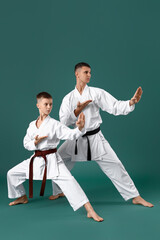 Boy practicing karate with instructor on green background © Pixel-Shot