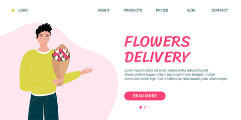 Man with flowers banner. A man stands with a bouquet flowers. Flower delivery template. Vector illustration in flat style.