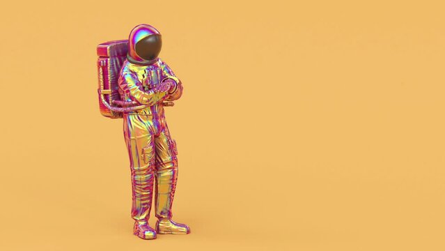 Surreal astronaut or cosmonaut or spaceman in space suit, futuristic sci-fi cosmic galactic background, 3d render modern trendy contemporary creative animation, copy space, seamless loop illustration