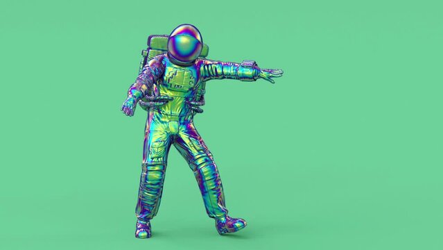 Surreal dancing astronaut or cosmonaut or spaceman in space suit, futuristic sci-fi cosmic galactic background, 3d render modern trendy contemporary creative animation, seamless loop illustration