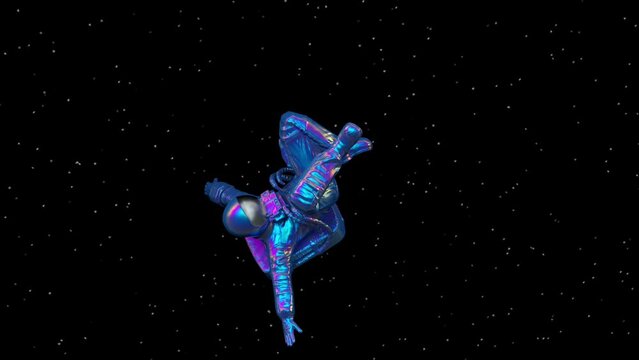Surreal holographic astronaut or cosmonaut or spaceman in space suit, futuristic sci-fi cosmic galactic background, 3d render modern trendy contemporary creative animation, seamless loop illustration