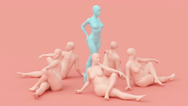 Modern minimal trendy surreal 3d render illustration, posing attractive mannequin model, human young character statue, comparison slim and fat overweight women, unique individual concept, lose weight