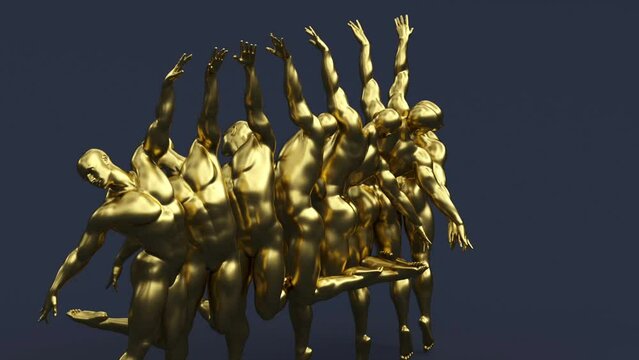 Modern minimal trendy surreal 3d render illustration, posing attractive mannequin model, human young character statue, athletic dancing gold muscular bodybuilder, sport and ballet concept, sportsman