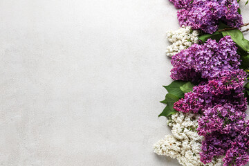 Beautiful lilac flowers on light background, top view