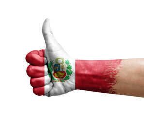 Hand making thumb up painted with flag of peru - obrazy, fototapety, plakaty