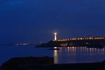 The night view of Anget-Biarritz lighthouse, France.