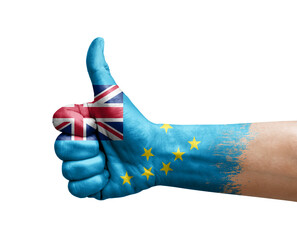 Hand making thumb up painted with flag of tuvalu