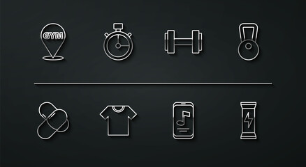 Set line Location gym, Sports nutrition, Kettlebell, Music player, T-shirt, Stopwatch, and Dumbbell icon. Vector