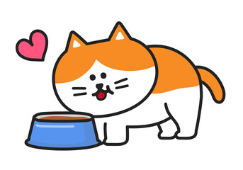 Tabby cat happily has delicious pasty food from a bowl, vector illustration.