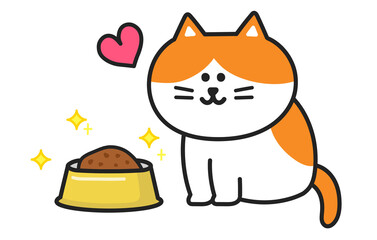 Happy cat delighted to see delicious food in the bowl. Vector illustration isolated on white background.