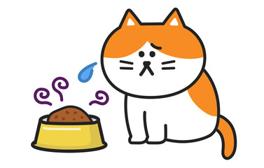 The sad cat smelled the remaining food in the bowl. Vector illustration isolated on white background.