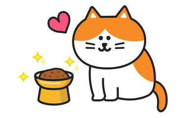 Happy cat delighted to see fresh meals. Vector illustration isolated on white background.