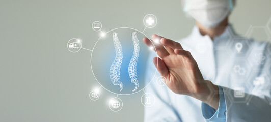 Unrecognizable female doctor holding graphic virtual visualization model of Spine (Vertebra) organ...