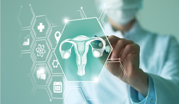 Unrecognizable female doctor holding graphic virtual visualization model of Uterus organ in hands. Multiple virtual medical icons.