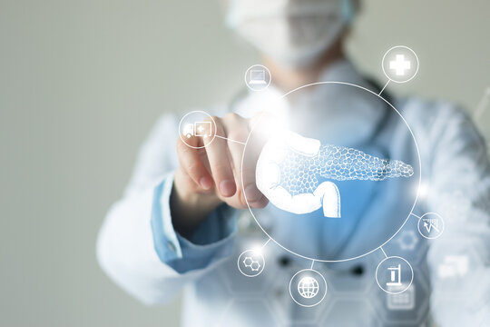 Unrecognizable female doctor holding graphic virtual visualization model of Pancreas organ in hands. Multiple virtual medical icons.