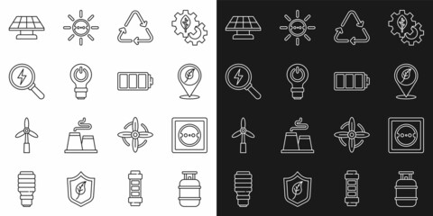 Set line Propane gas tank, Electrical outlet, Location with leaf, Recycle symbol, Light bulb lightning, Lightning bolt, Solar energy panel and Battery icon. Vector