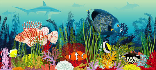 Vector underwater coral reef horizontal seamless pattern. Undersea bottom texture with colorful tropical fishes and sharks