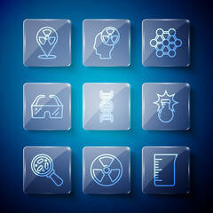 Set line Microorganisms under magnifier, Radioactive, Laboratory glassware beaker, Molecule, DNA symbol, Safety goggle glasses, in location and Chemical explosion icon. Vector