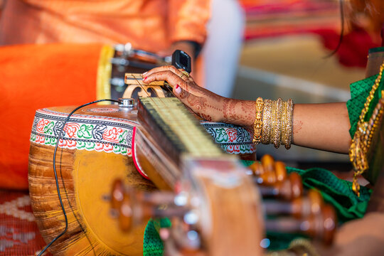 Indian traditional string musical instrument citar close up