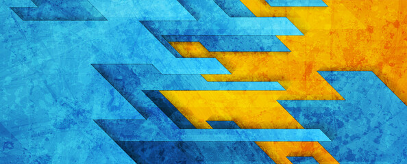 Vibrant blue and orange grunge technology background. Geometric vector design