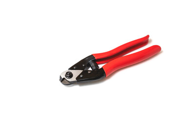 Wire rope cutter with red handles insulated on white background, tool for repair activities